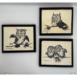 VTG 76 Martha Hinson Owls Print on Wood Wall Art Set of 3 Cottagecore Decor Home